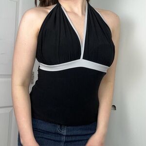 Vintage 90s/Y2K Black and White Halter Top | Neon by Bulux | Small